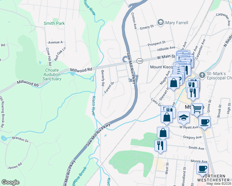 map of restaurants, bars, coffee shops, grocery stores, and more near 187 Forest Drive in Mount Kisco