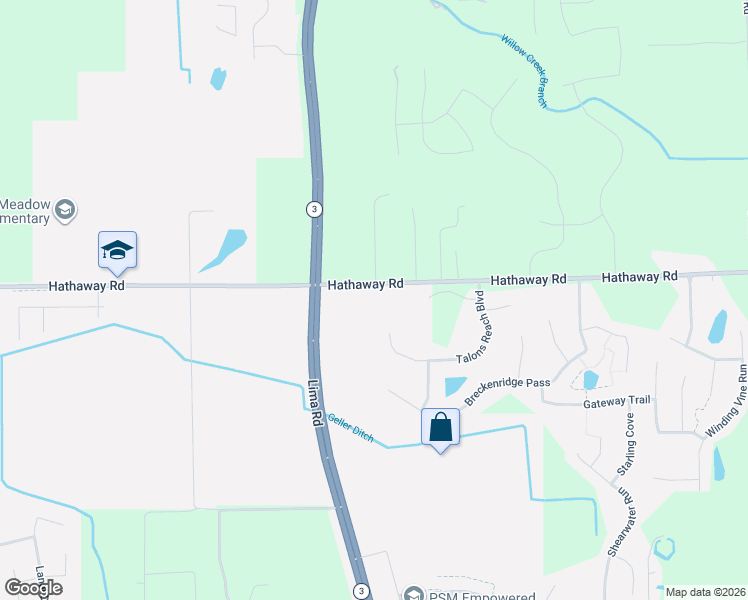 map of restaurants, bars, coffee shops, grocery stores, and more near 1801 Hathaway Road in Fort Wayne