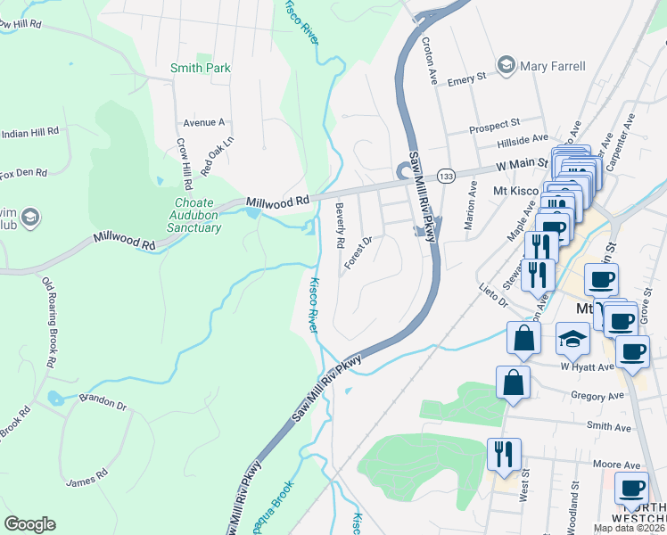map of restaurants, bars, coffee shops, grocery stores, and more near 100 Beverly Road in Mount Kisco