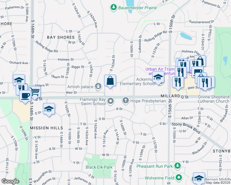 map of restaurants, bars, coffee shops, grocery stores, and more near 5062 South 160th Circle in Omaha