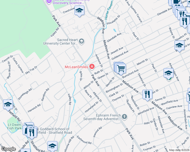 map of restaurants, bars, coffee shops, grocery stores, and more near 846 Ruth Street in Bridgeport