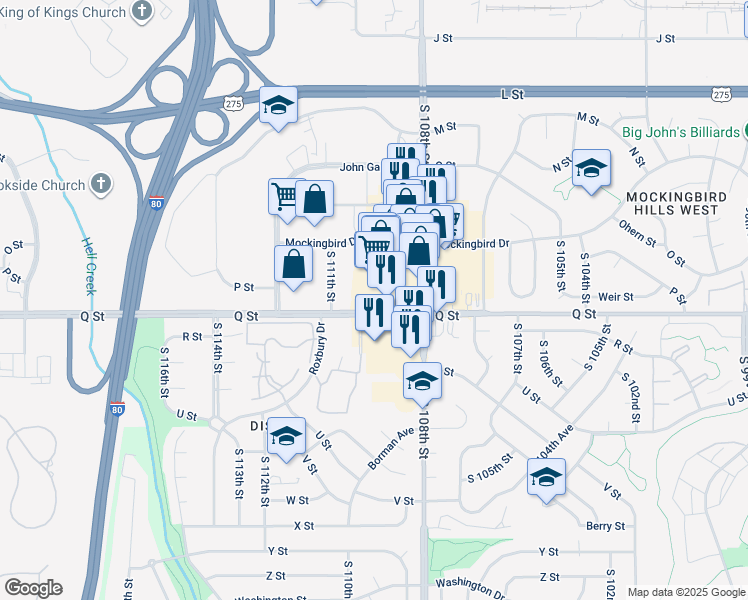 map of restaurants, bars, coffee shops, grocery stores, and more near 5065 South 111th Street in Omaha