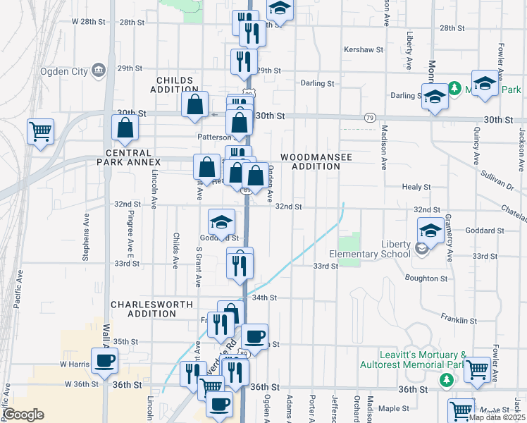 map of restaurants, bars, coffee shops, grocery stores, and more near 3145 Washington Boulevard in Ogden