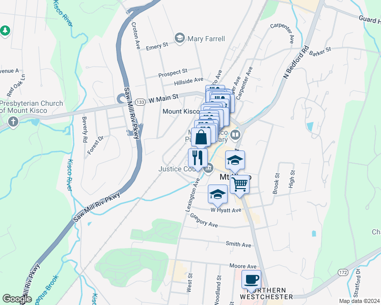 map of restaurants, bars, coffee shops, grocery stores, and more near 18 Stewart Place in Mount Kisco