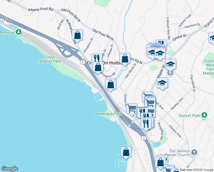map of restaurants, bars, coffee shops, grocery stores, and more near 32 Farrington Road in Croton-on-Hudson