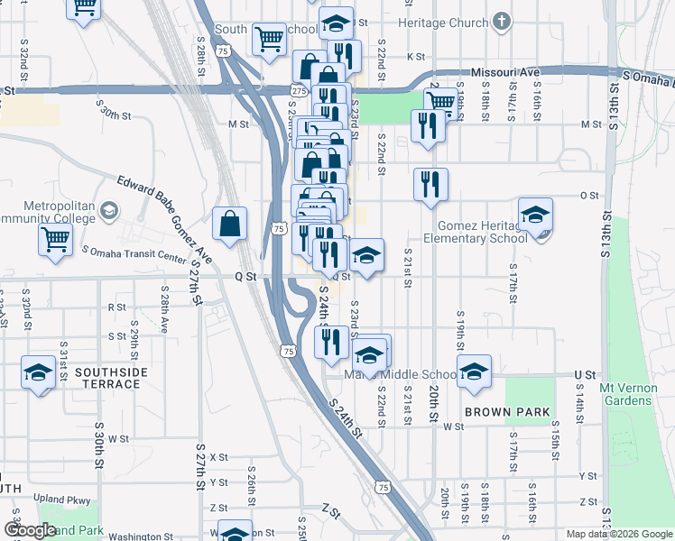 map of restaurants, bars, coffee shops, grocery stores, and more near 5118-1/2 South 23rd Street in Omaha