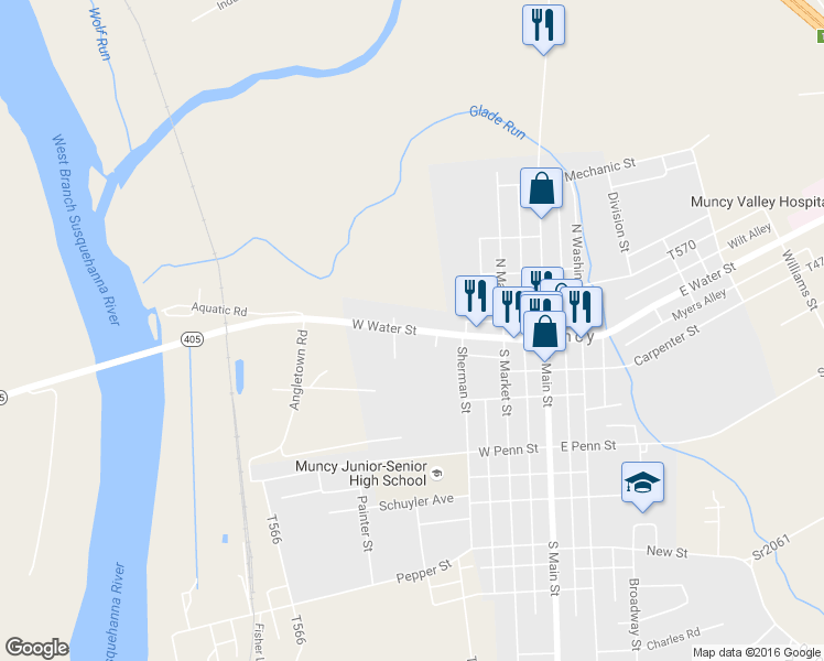 map of restaurants, bars, coffee shops, grocery stores, and more near 142 West Water Street in Muncy
