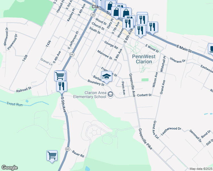 map of restaurants, bars, coffee shops, grocery stores, and more near 800 Boundary Street in Clarion