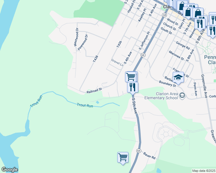 map of restaurants, bars, coffee shops, grocery stores, and more near 501 Railroad Street in Clarion