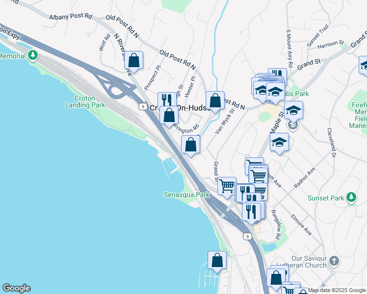 map of restaurants, bars, coffee shops, grocery stores, and more near 32 Farrington Road in Croton-on-Hudson