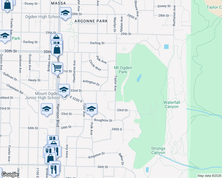map of restaurants, bars, coffee shops, grocery stores, and more near 1470 32nd Street in Ogden