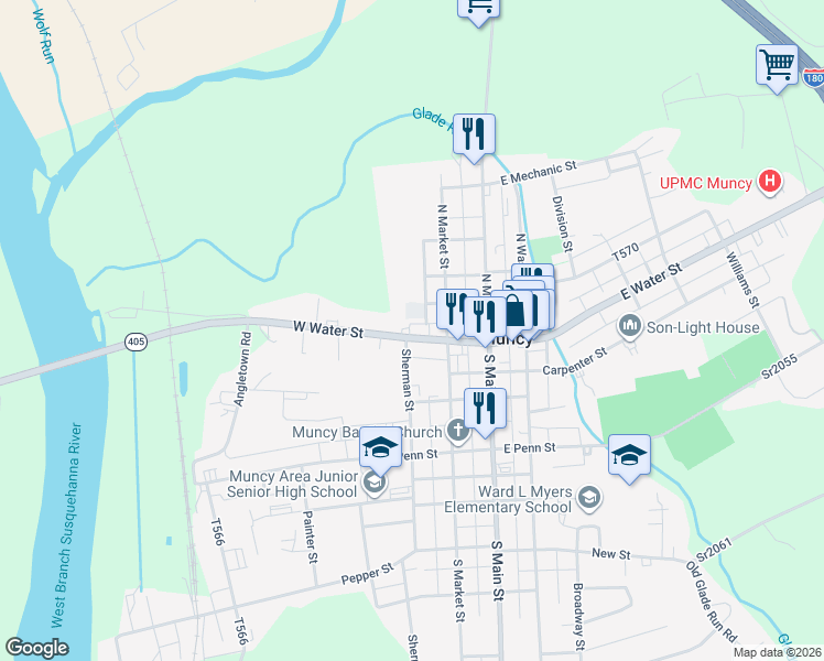 map of restaurants, bars, coffee shops, grocery stores, and more near West Noble Alley in Muncy