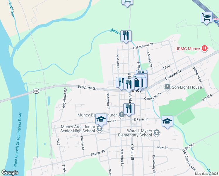 map of restaurants, bars, coffee shops, grocery stores, and more near West Noble Alley in Muncy