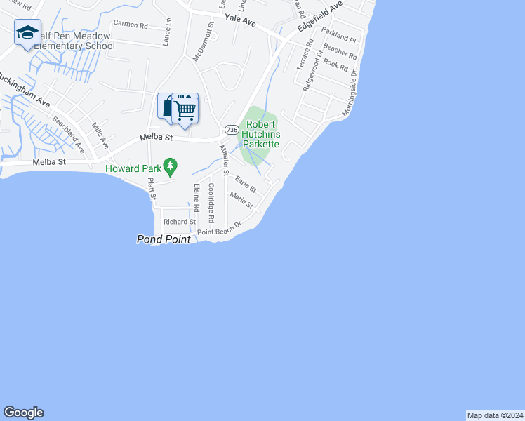 map of restaurants, bars, coffee shops, grocery stores, and more near 85 Point Beach Drive in Milford