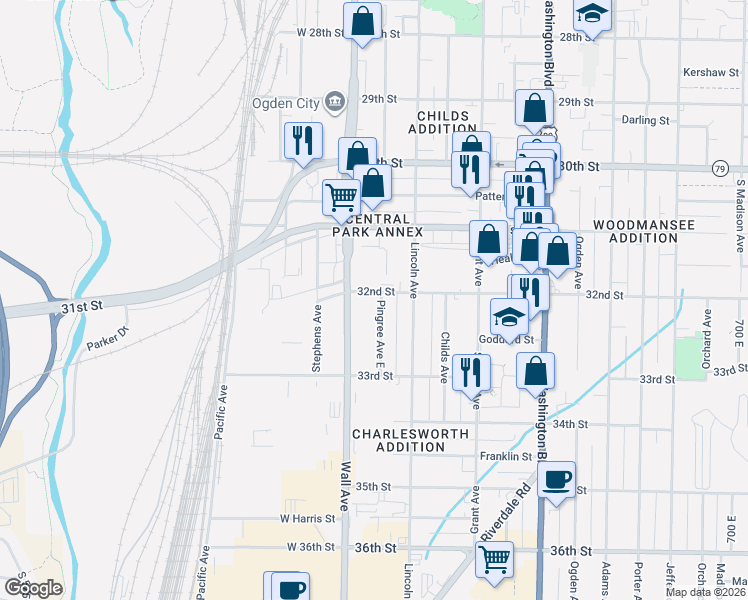 map of restaurants, bars, coffee shops, grocery stores, and more near 3190 Wall Avenue in Ogden
