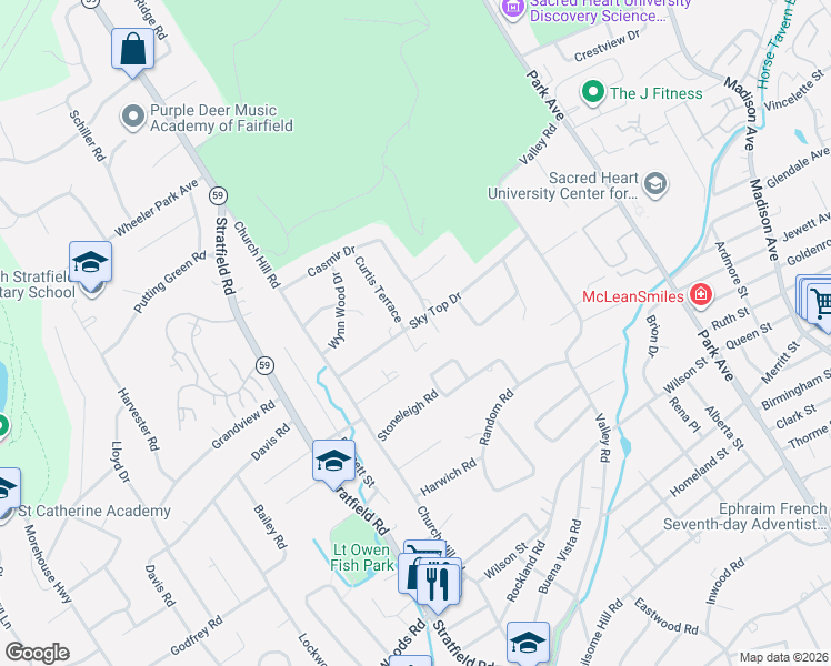 map of restaurants, bars, coffee shops, grocery stores, and more near 70 Curtis Terrace in Fairfield