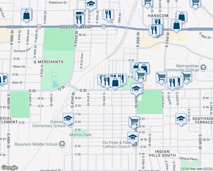 map of restaurants, bars, coffee shops, grocery stores, and more near 5110 South 39th Street in Omaha