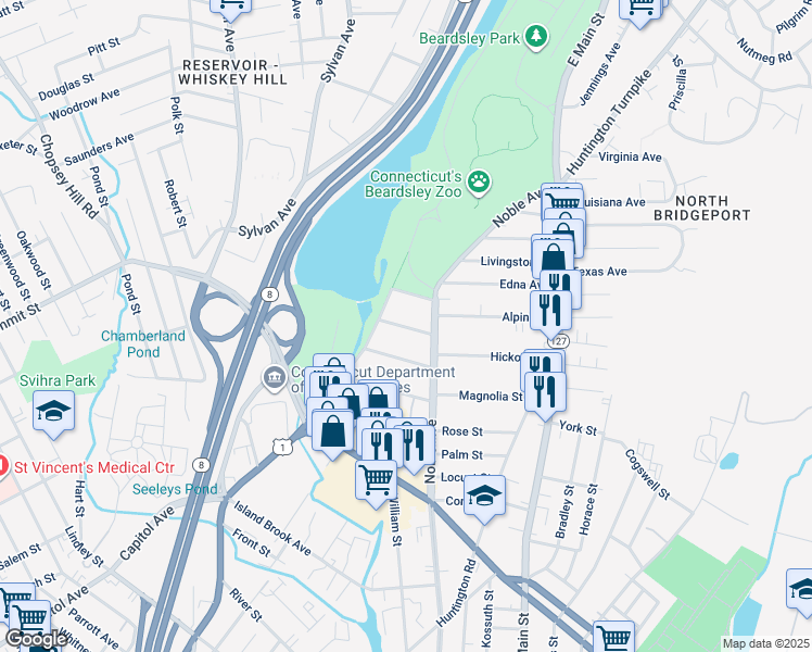 map of restaurants, bars, coffee shops, grocery stores, and more near 60 Crown Street in Bridgeport