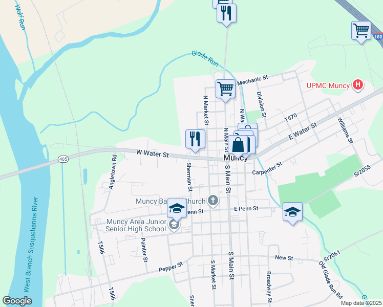 map of restaurants, bars, coffee shops, grocery stores, and more near West Noble Alley in Muncy