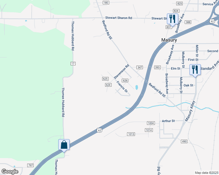 map of restaurants, bars, coffee shops, grocery stores, and more near 1392 Stevenson Road in Masury