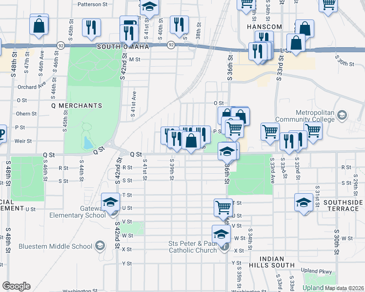 map of restaurants, bars, coffee shops, grocery stores, and more near 5110 South 39th Street in Omaha