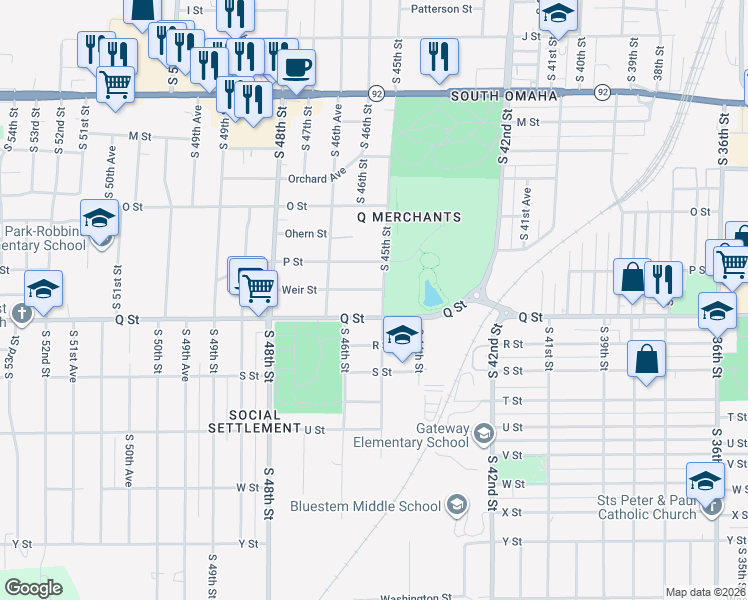 map of restaurants, bars, coffee shops, grocery stores, and more near 5126 South 45th Street in Omaha