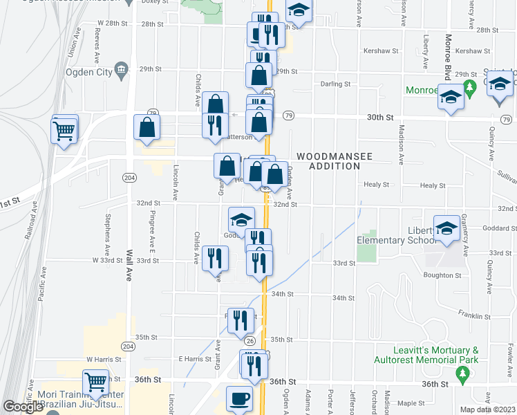 map of restaurants, bars, coffee shops, grocery stores, and more near 3203 Washington Boulevard in Ogden