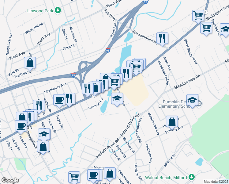 map of restaurants, bars, coffee shops, grocery stores, and more near 102 Lansdale Avenue in Milford
