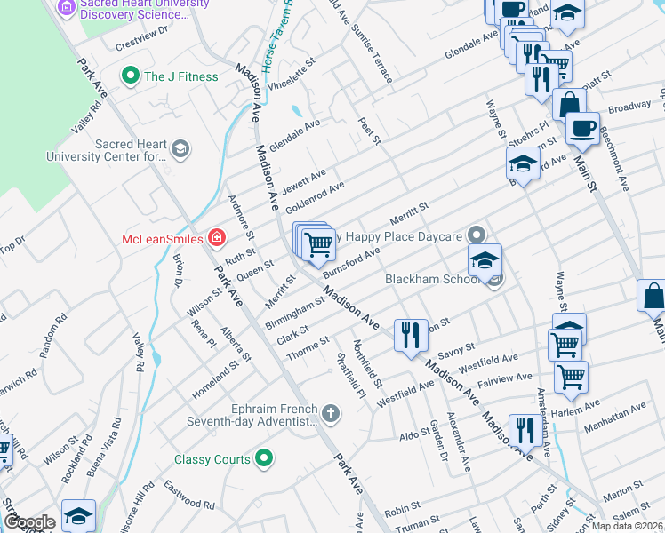 map of restaurants, bars, coffee shops, grocery stores, and more near 704 Merritt Street in Bridgeport
