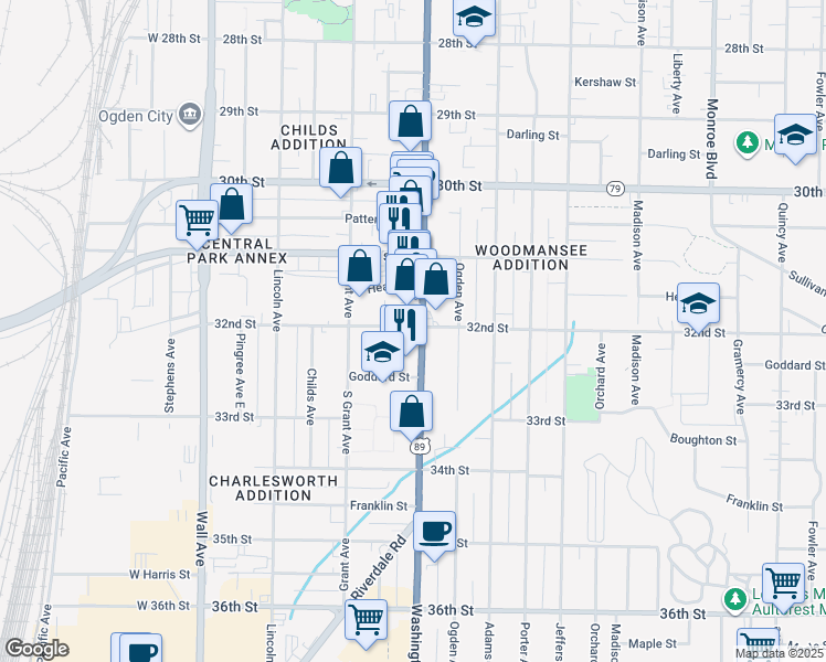 map of restaurants, bars, coffee shops, grocery stores, and more near 3201 Washington Boulevard in Ogden