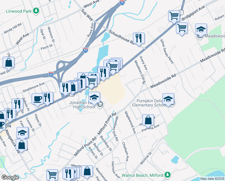 map of restaurants, bars, coffee shops, grocery stores, and more near 589 Bridgeport Avenue in Milford