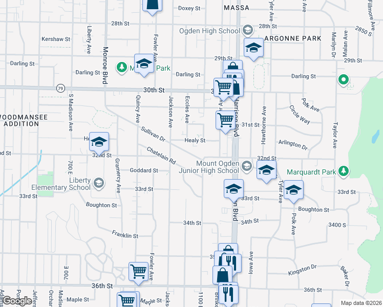map of restaurants, bars, coffee shops, grocery stores, and more near 1053 Healy Street in Ogden