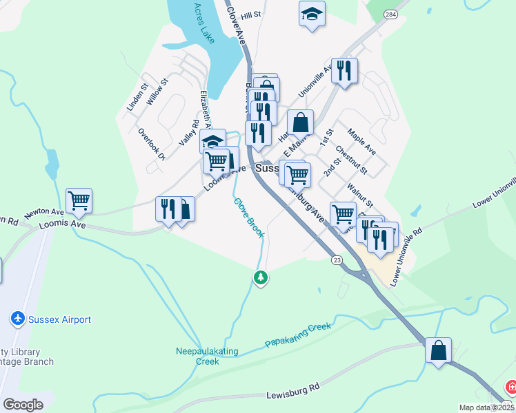 map of restaurants, bars, coffee shops, grocery stores, and more near 16 Walling Avenue in Sussex