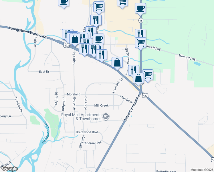 map of restaurants, bars, coffee shops, grocery stores, and more near 1778 Old Forge in Niles