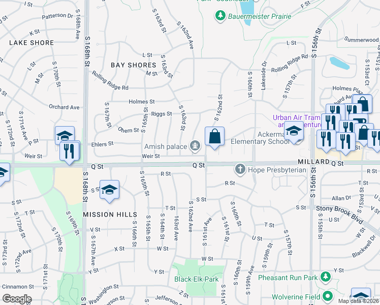 map of restaurants, bars, coffee shops, grocery stores, and more near 5107 South 162nd Avenue in Omaha