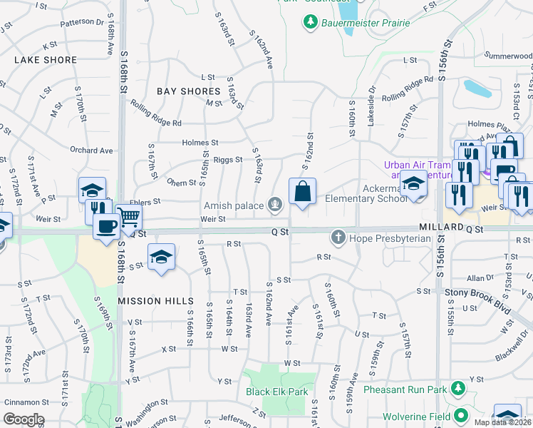 map of restaurants, bars, coffee shops, grocery stores, and more near 5107 South 162nd Avenue in Omaha