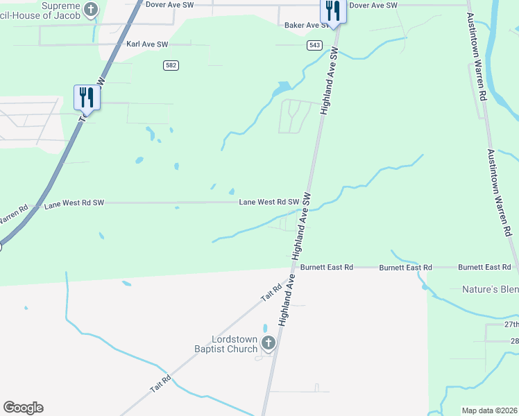 map of restaurants, bars, coffee shops, grocery stores, and more near 755 Lane West Road Southwest in Warren