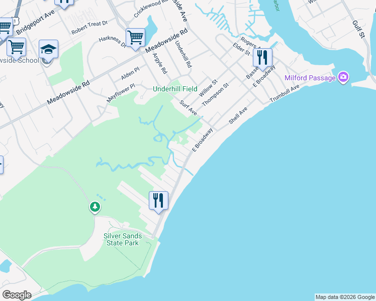 map of restaurants, bars, coffee shops, grocery stores, and more near 876 East Broadway in Milford