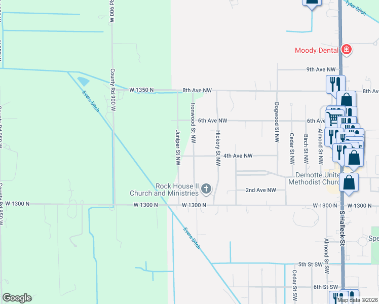 map of restaurants, bars, coffee shops, grocery stores, and more near 338-498 Ironwood Street Northwest in De Motte