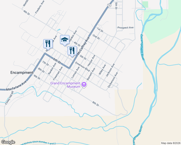 map of restaurants, bars, coffee shops, grocery stores, and more near 605 Barnett Avenue in Encampment