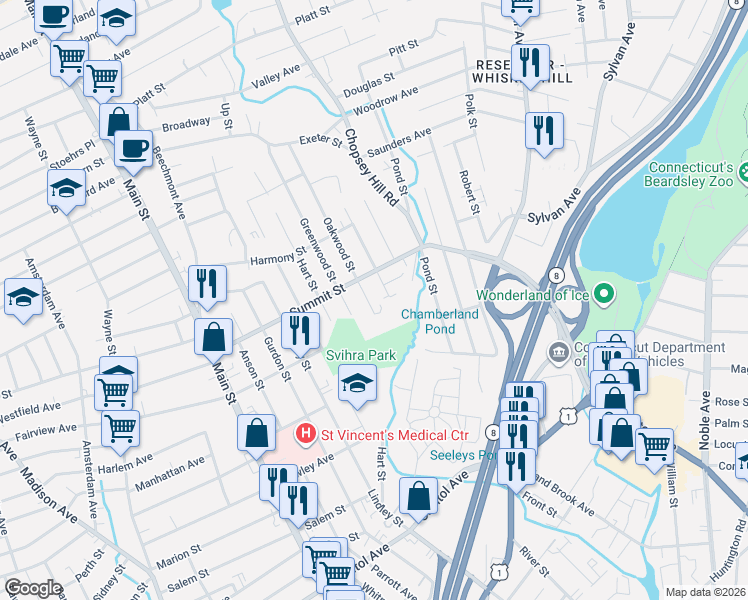 map of restaurants, bars, coffee shops, grocery stores, and more near 80 Oakwood Street in Bridgeport