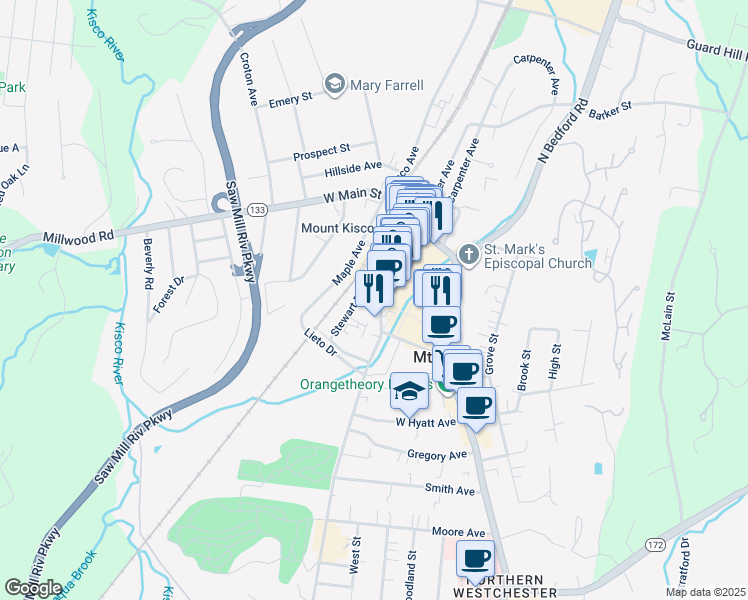 map of restaurants, bars, coffee shops, grocery stores, and more near 39 South Moger Avenue in Mount Kisco