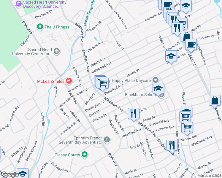 map of restaurants, bars, coffee shops, grocery stores, and more near 635 Merritt Street in Bridgeport