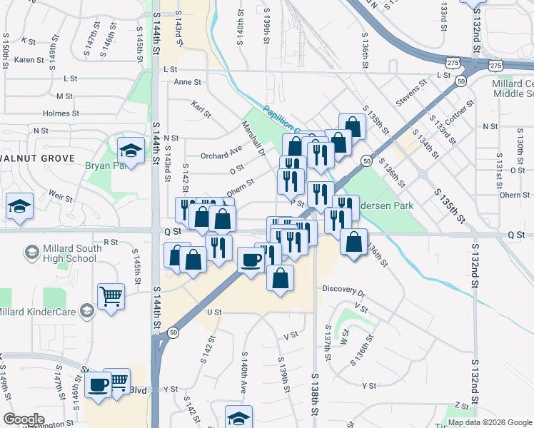 map of restaurants, bars, coffee shops, grocery stores, and more near 13911 P Street in Omaha