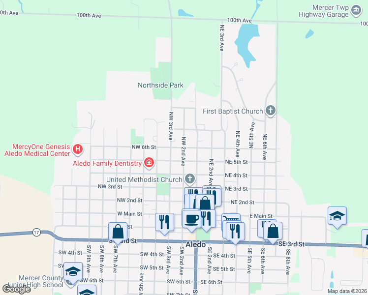 map of restaurants, bars, coffee shops, grocery stores, and more near 600 Northwest 2nd Avenue in Aledo