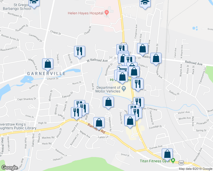 map of restaurants, bars, coffee shops, grocery stores, and more near 118 Roosevelt Drive in West Haverstraw