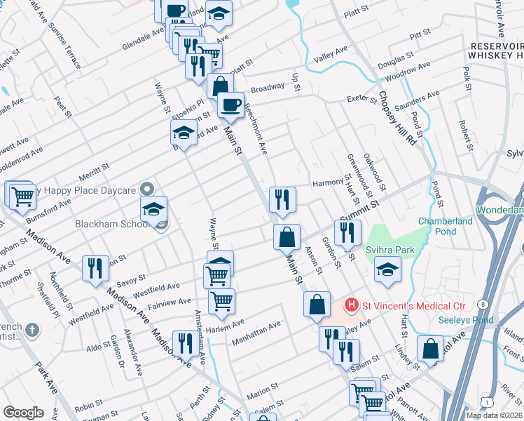 map of restaurants, bars, coffee shops, grocery stores, and more near 3250 Main Street in Bridgeport