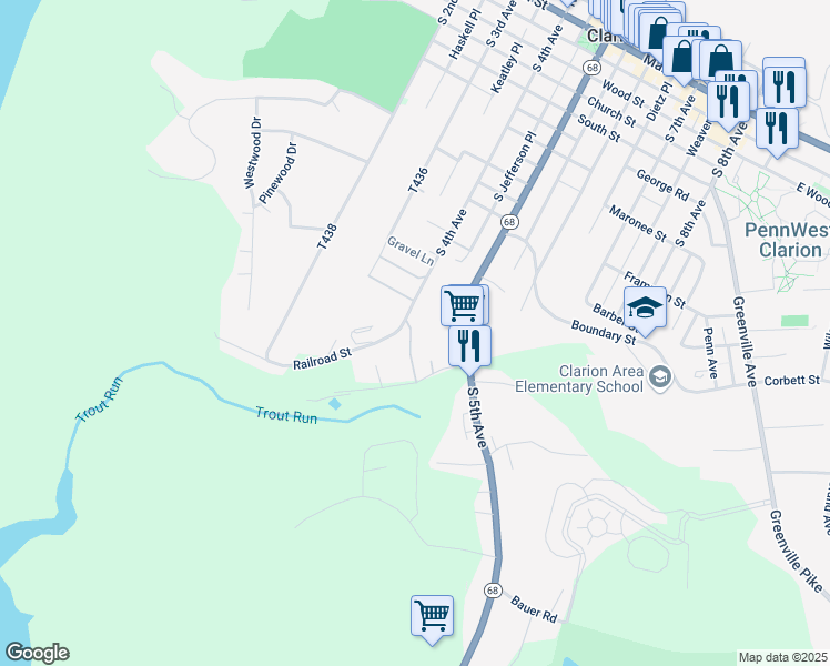 map of restaurants, bars, coffee shops, grocery stores, and more near 501-799 Railroad Street in Clarion