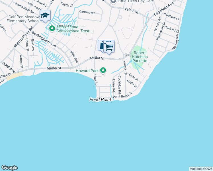 map of restaurants, bars, coffee shops, grocery stores, and more near 32 Morehouse Avenue in Milford