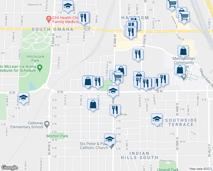 map of restaurants, bars, coffee shops, grocery stores, and more near 3623 P Street in Omaha